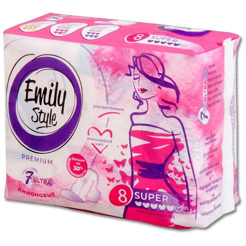Emily Style PREMIUM Прокладки анионовые SUPER 8шт УЛЬТРАТОНК., удлиненные, с бортиками (24/упак)
