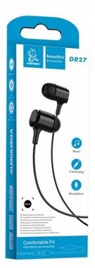 Наушники внутриканальные с микрофоном Denmen DR27  чёрный  (Jack3.5 4pin) (7830)