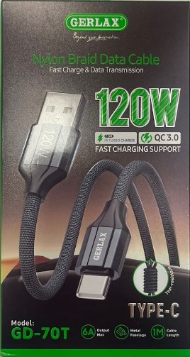 Кабель USB (А) шт. - Type-C шт.  1.0 м  GERLAX 70T (120W,  QC3.0 Fast Charging, ткань) (5331)
